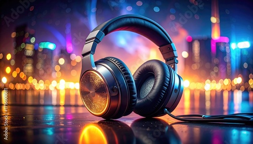 Black Headphones with Gold Details on Reflective Surface Cityscape Backdrop in Nighttime Ambiance