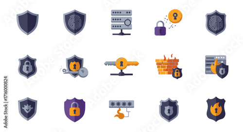 Cybersecurity icons set with shields, locks, and firewalls in flat design