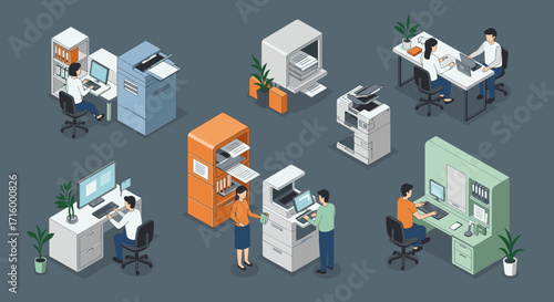 Modern office workspace with isometric design featuring diverse employees and technology