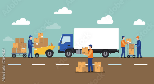 Flat design delivery and logistics scene with workers and trucks