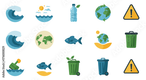 Eco-friendly icons: environment, recycling, nature conservation, ocean life and earth awareness