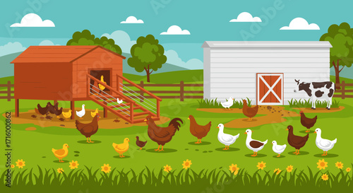 Colorful farmyard with chickens and cow in vibrant countryside scene