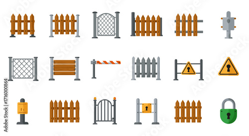 Collection of various fence and lock designs in flat style for security and privacy