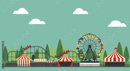 Amusement park fun with ferris wheel and roller coaster in flat design
