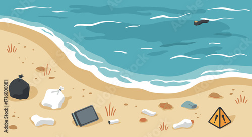 Pollution crisis: trash littering pristine beach and ocean