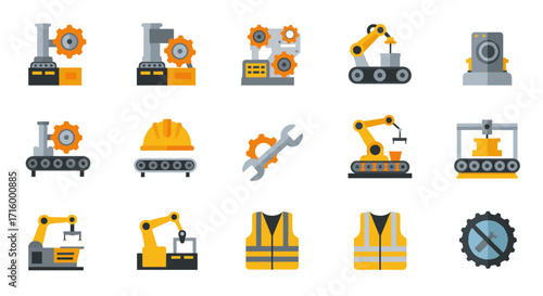 Flat style industrial automation icons featuring robots and safety gear