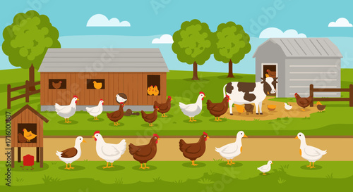 Charming farm scene with animals and barns in flat design
