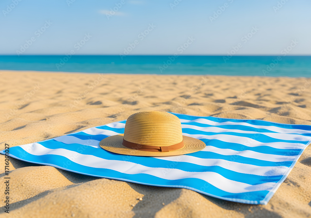 Obraz premium Blue And White Striped Beach Towel With Straw Sun Hat On Sandy Beach