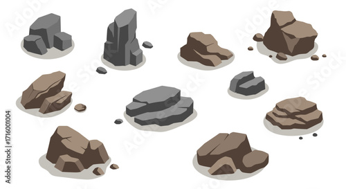 Collection of isometric rocks and boulders on white background