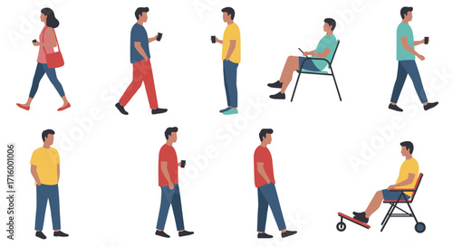 Diverse casual people walking and sitting with coffee inflat minimalist design