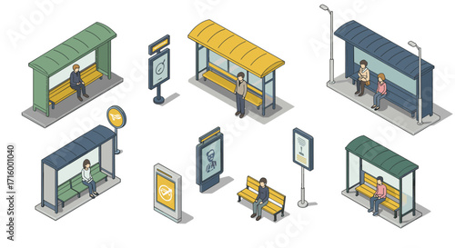 Isometric city bus stops with benches and people in urban environment