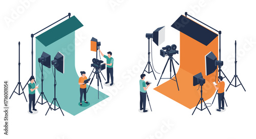 Isometric photography studio setup with lighting and equipment for professional photo shoots