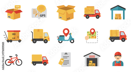Flat delivery and logistics icons set with gps and warehouse themes
