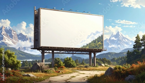 Blank Billboard Against a Mountainous Landscape on a Sunny Day Featuring Clear Blue Skies Green Hills and Wildflowers in a Rural Outdoor Setting