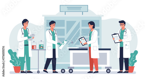 Medical team collaboration in hospital setting with doctors and nurses engaging in healthcare tasks