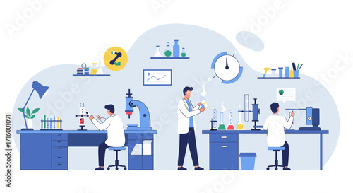 Modern laboratory scene with scientists conducting experiments in a minimalist workspace
