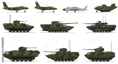 Military aircraft and armored vehicles in side view set