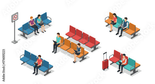 Isometric people waiting at the station with luggage and no smoking sign