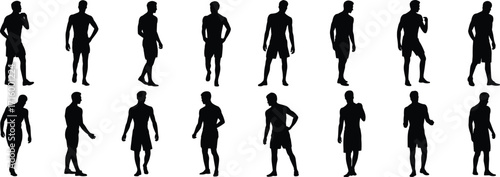Male silhouettes, walking poses, standing man icons, human motion illustration, black outline vector, lifestyle design, anatomy study, character reference art