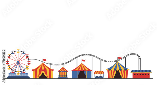 Colorful carnival tents and rides in flat design