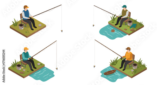 Isometric fishing scenes: four men enjoying outdoor angling on riverbank platforms