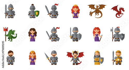 Medieval characters and dragons set: knights, princesses, and mythical creatures in flat icon style