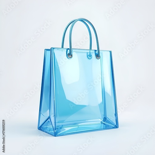 A 3D glossy blue glass shopping bag icon with transparent effect.