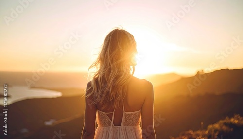 Blonde Woman Contemplates Golden Sunset over Mountainous Coastal Landscape in Back View