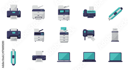 Office equipment icons set: printers, laptops, and shredders in modern flat design