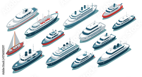 Isometric collection of luxury cruise ships and yachts on white background