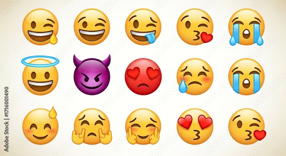 Fototapeta premium Colorful emoticon set with various facial expressions and symbols