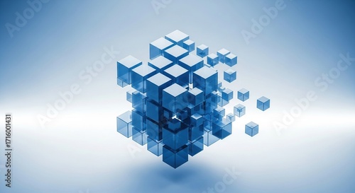Interconnected blue cubes representing digital network isolated on white background