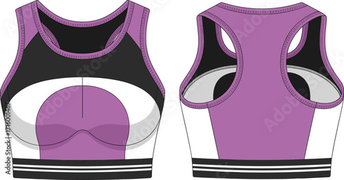 Dynamic purple, white, and black color block sports bra, perfect for high-impact workouts, featuring a racerback design for maximum support and comfort.