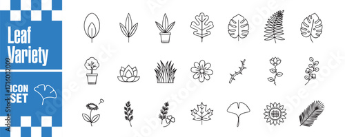 Leaf variety icon set collection of linear vector illustrations depicting diverse leaf shapes, plant types, and floral elements for botanical studies and naturethemed designs