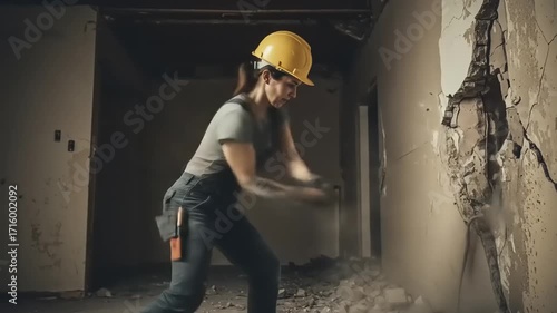Woman wearing a hard hat actively demolishing a wall in a construction site, showcasing determination