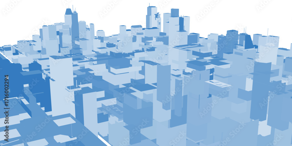 Fototapeta premium Animated blue and white cityscape silhouette with multiple buildings in motion against a clean white background.