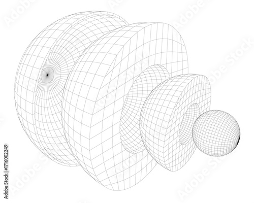 A 3D wireframe sphere with a grid pattern represents Earth's internal structure and core. The intricate design features various geometric shapes and sizes on a white background.