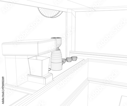 Wireframe kitchen sketch featuring a sink, countertop, coffee maker, and cups.
