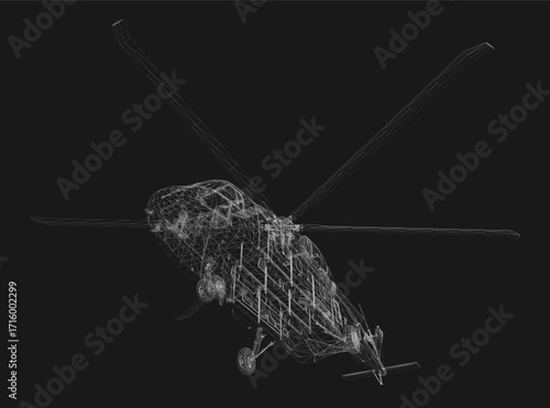 Military helicopter wireframe model on black background, showcasing detailed structural features and complex engineering design.