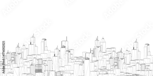 Black and white city skyline wireframe drawing with tall buildings and clean white background.