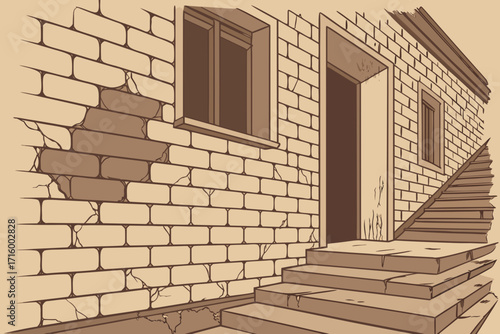 Old rustic brick wall with cracks and stairs leading to open doorway