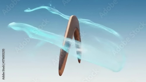 Wooden boomerang flying through the air with a blue swirl effect, showcasing its design and motion