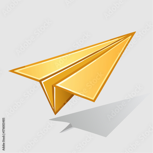 Elegant golden paper airplane illustration with a luxurious metallic finish and soft shadow, representing swift communication, ambitious projects, new beginnings, or successful journeys