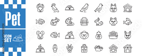 Pet icon set collection of linear icons related to pets vector illustration of animals, food, toys, and accessories for pets perfect for web design