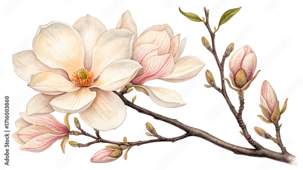 Obraz premium Elegant Magnolia Blossom on Branch with Delicate Buds and Leaves