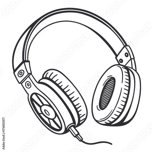 A simple black and white line drawing of a pair of over ear headphones with a cord