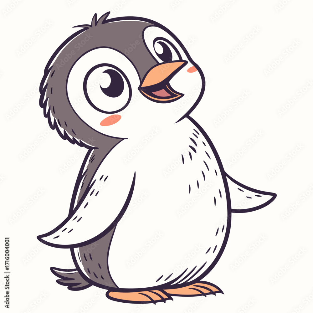 Naklejka premium Adorable cartoon baby penguin with big eyes and rosy cheeks looking up with an open beak