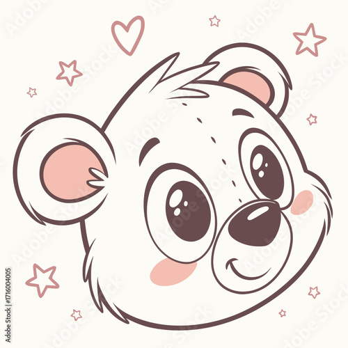 Adorable cartoon bear face with big eyes and rosy cheeks surrounded by stars and hearts