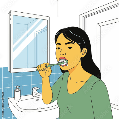 Young Woman Brushing Teeth in Bathroom Daily Routine