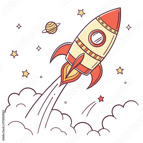 Cartoon rocket ship blasting off into space with planets and stars in a whimsical illustration